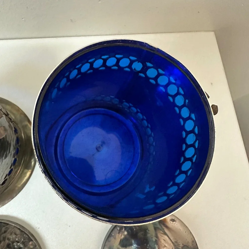 Leonard Silver Sheffield Cobalt Blue Glass Tea Coffee Sugar Canister Set 3pc